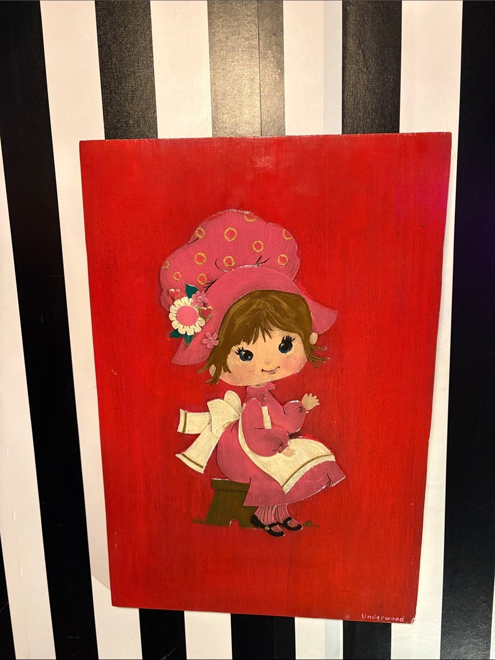 Original Vintage Wall Art  Big Eye Girl Strawberry Shortcake Esque Decor OOAK